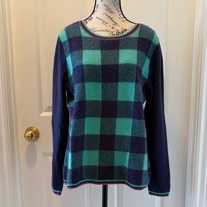 Lands' End Navy & Teal Buffalo Plaid Crewneck Sweater
